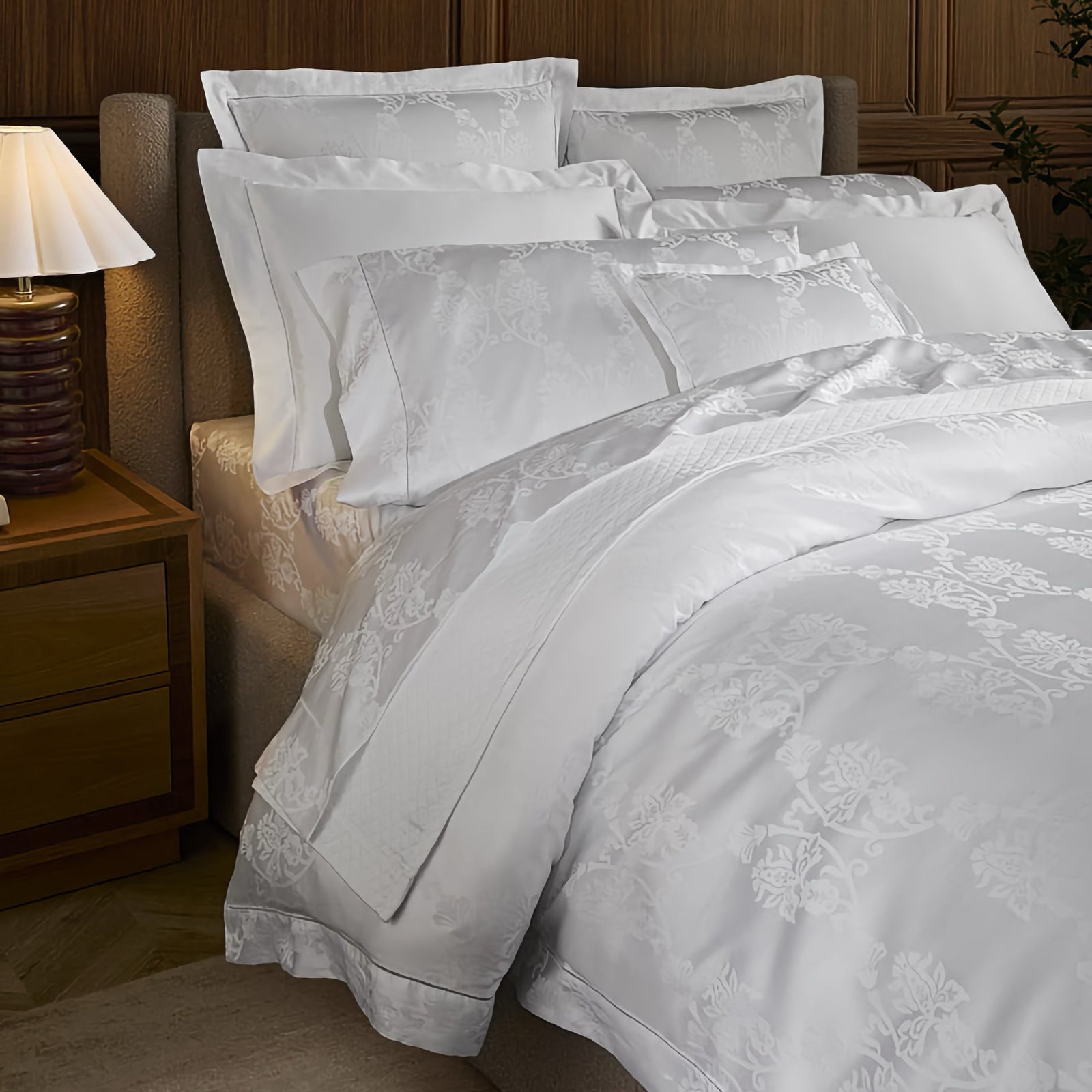 Closeup view of Bed in White Sferra Giza 45 Lido Bedding