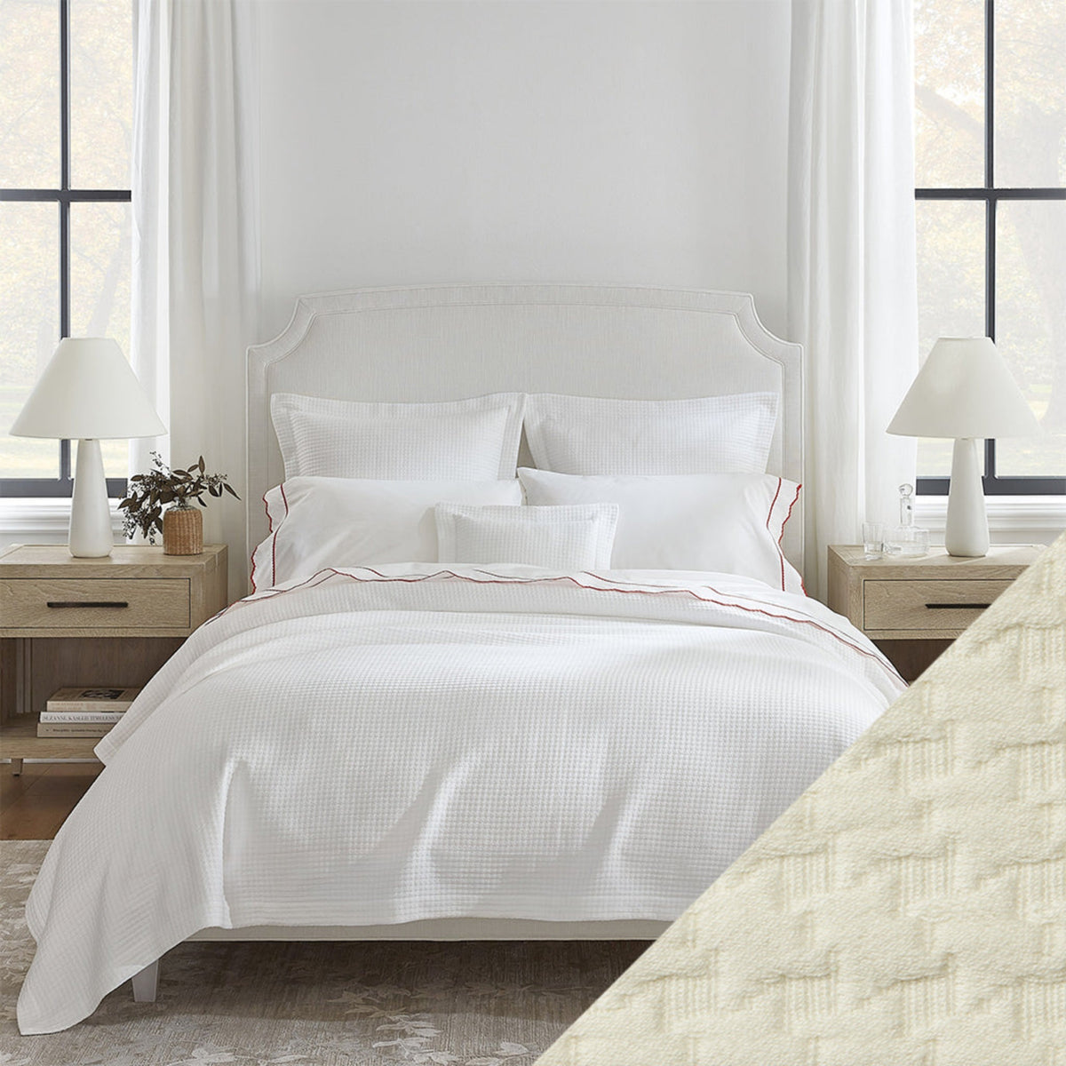 Full View of Sferra Hatteras Bedding with Ivory Swatch Sample