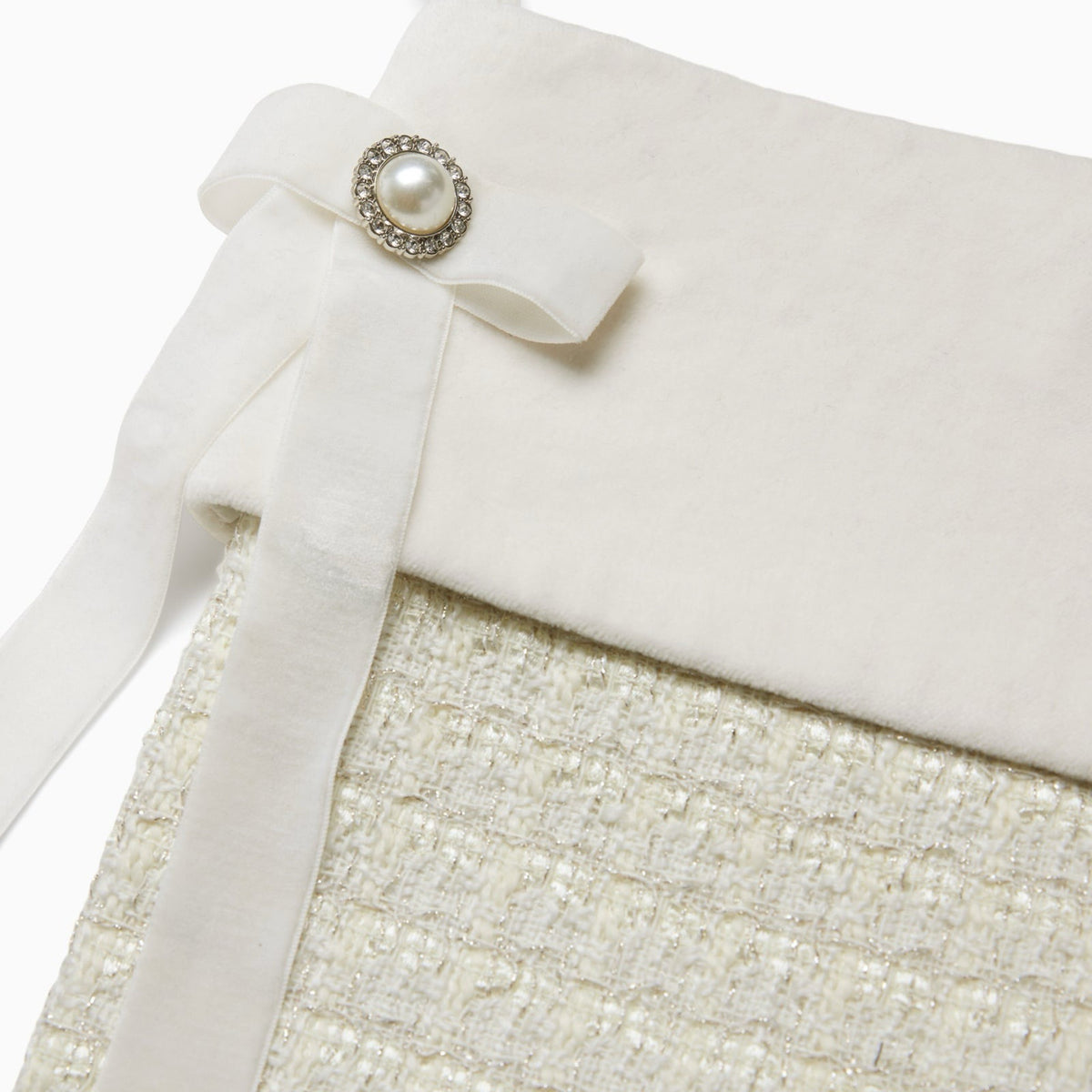 Closeup of Sferra Jingle Holiday Stocking in Ivory