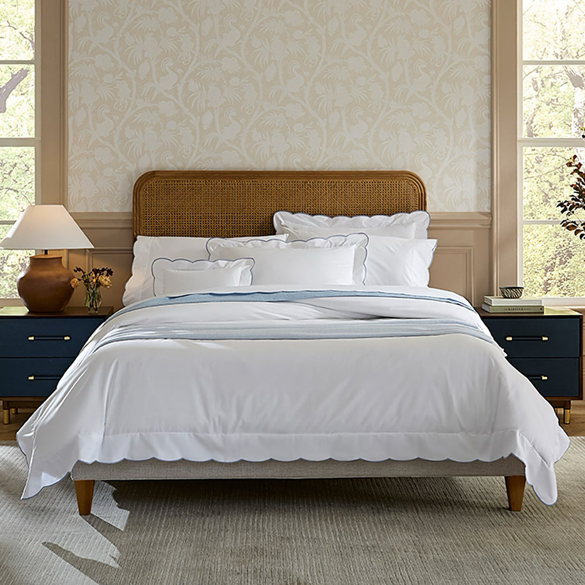 Limana white/sea collection pairs well with Grande Hotel white fitted sheet, Rombo sea coverlet, and Celine white/sea throw.