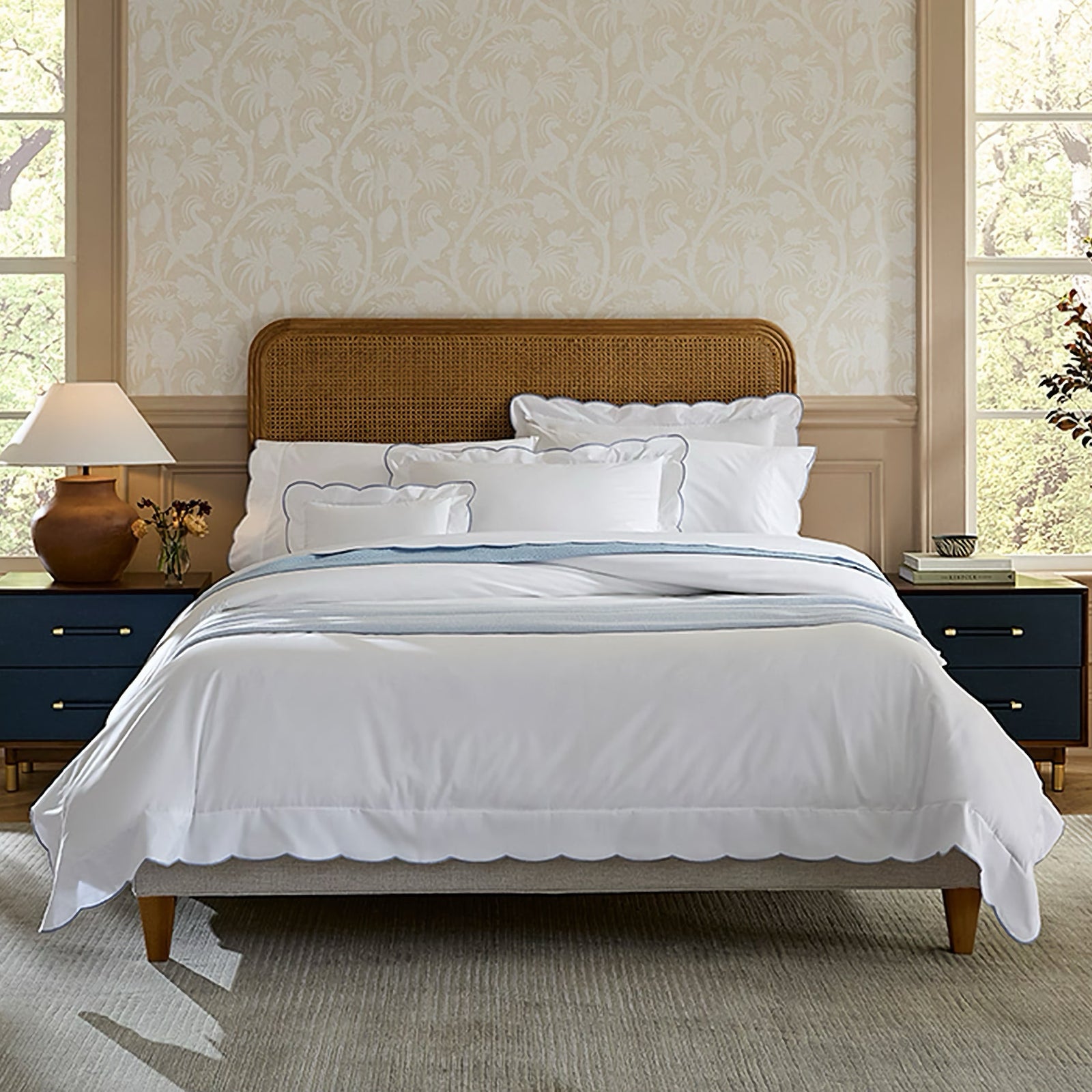 Limana white/sea collection pairs well with Grande Hotel white fitted sheet, Rombo sea coverlet, and Celine white/sea throw.