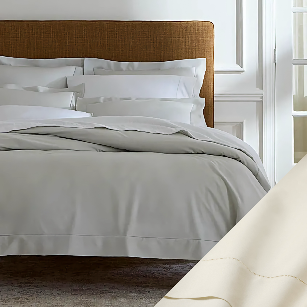 Bed in Sferra Luxor Bedding Collection with Beige Swatch