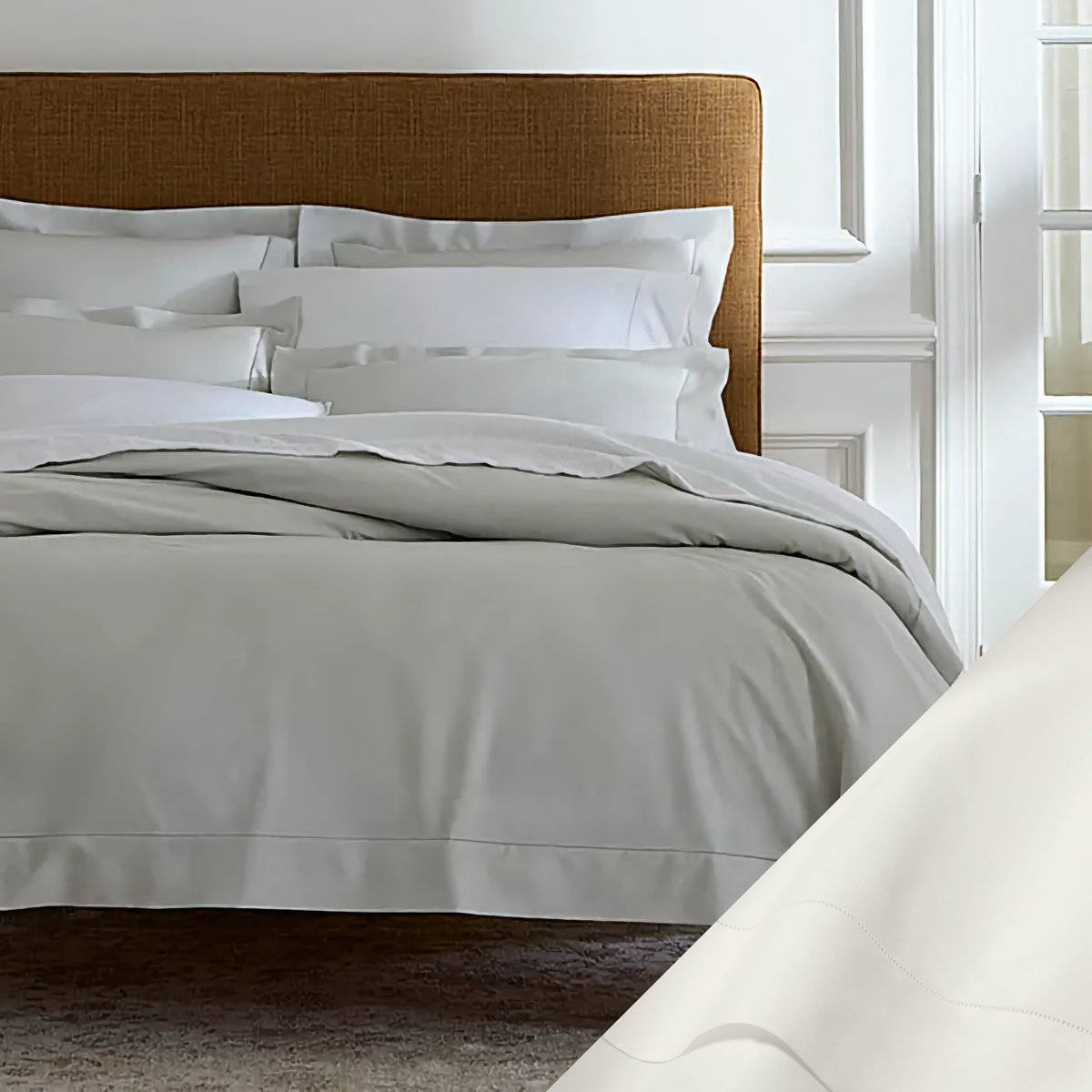 Bed in Sferra Luxor Bedding Collection with Oyster Swatch