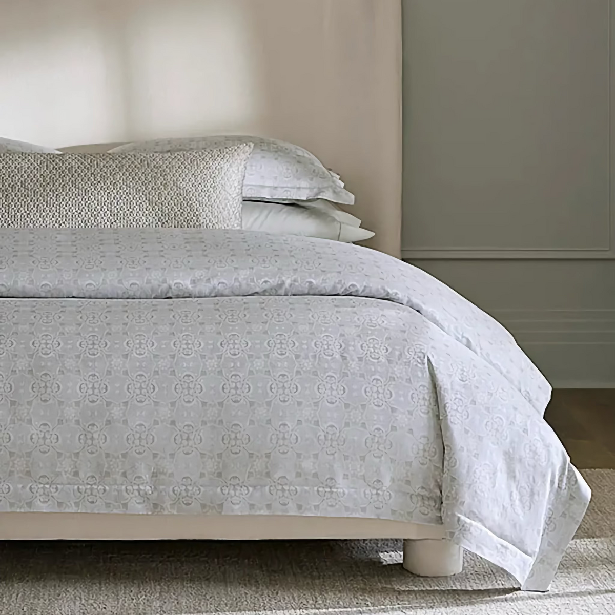 Closeup of Bed in Silver Sage Sferra Maiolica Duvet Cover and Shams