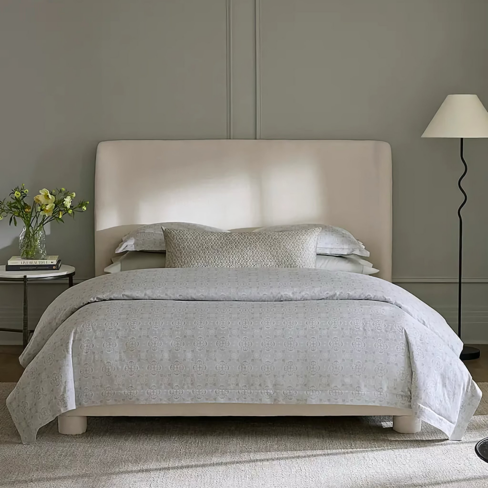 Bed in Silver Sage Sferra Maiolica Duvet Cover and Shams