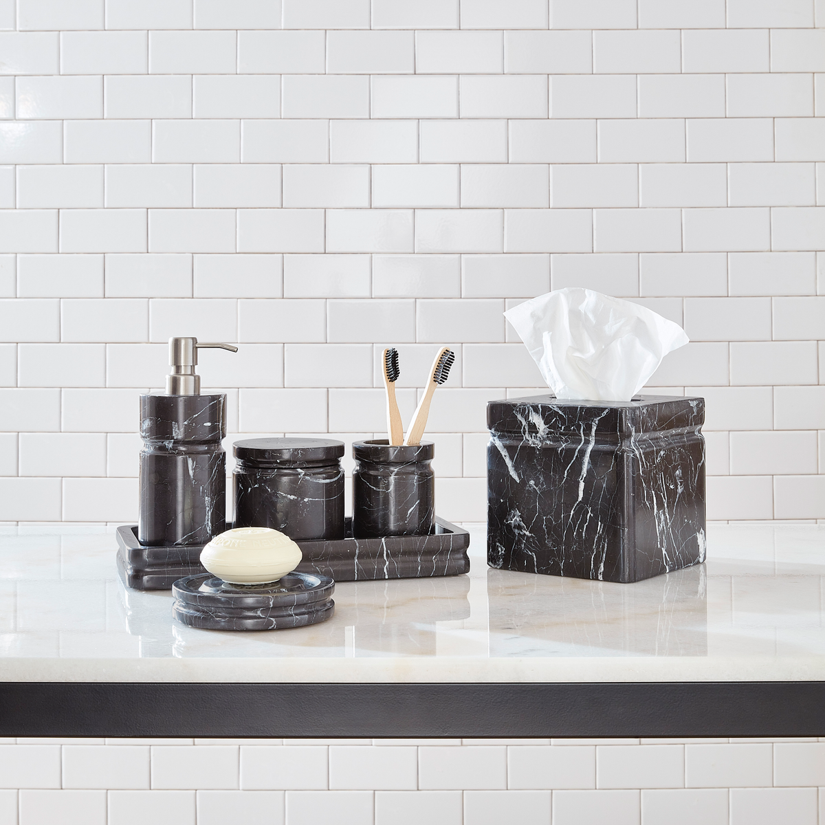 Lifestyle Image of Sferra Marquina Marble Bath Accessories