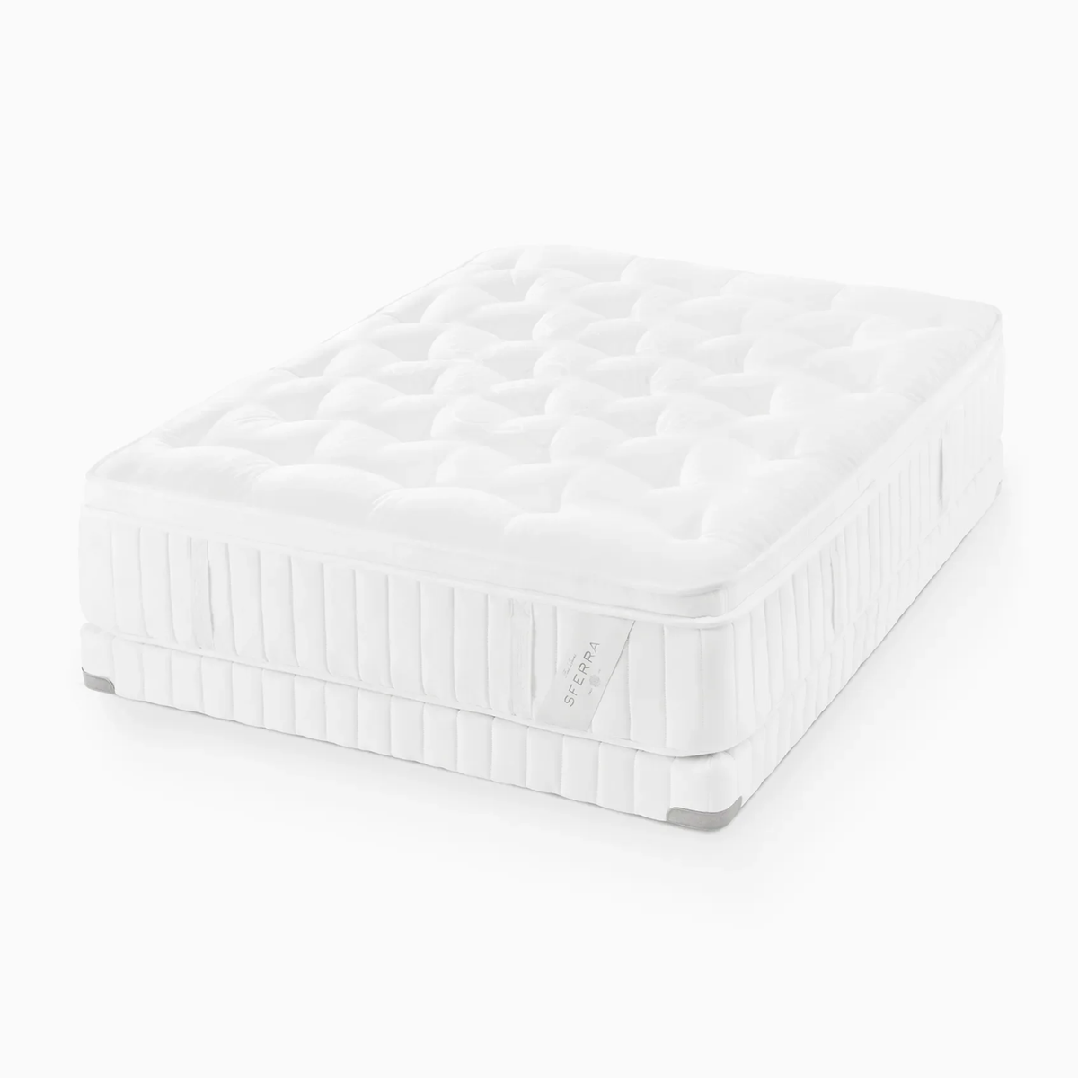 A white, quilted luxury Sferra Nuvole CV Pillowtop Mattress with ergonomic support sits atop a matching box spring on a plain white background.