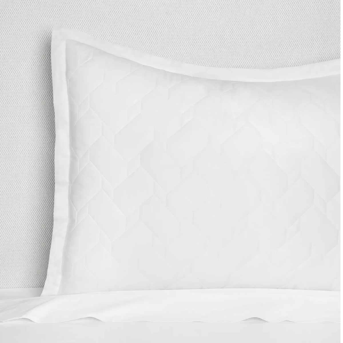 A White Close-up of Sferra Palatino Sham, featuring a crisp geometric pattern