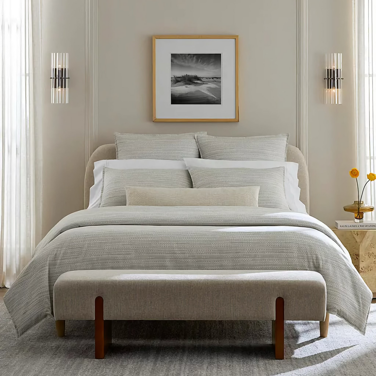 Bed in Bone color Sferra Pellestrina Duvet Cover and Shams