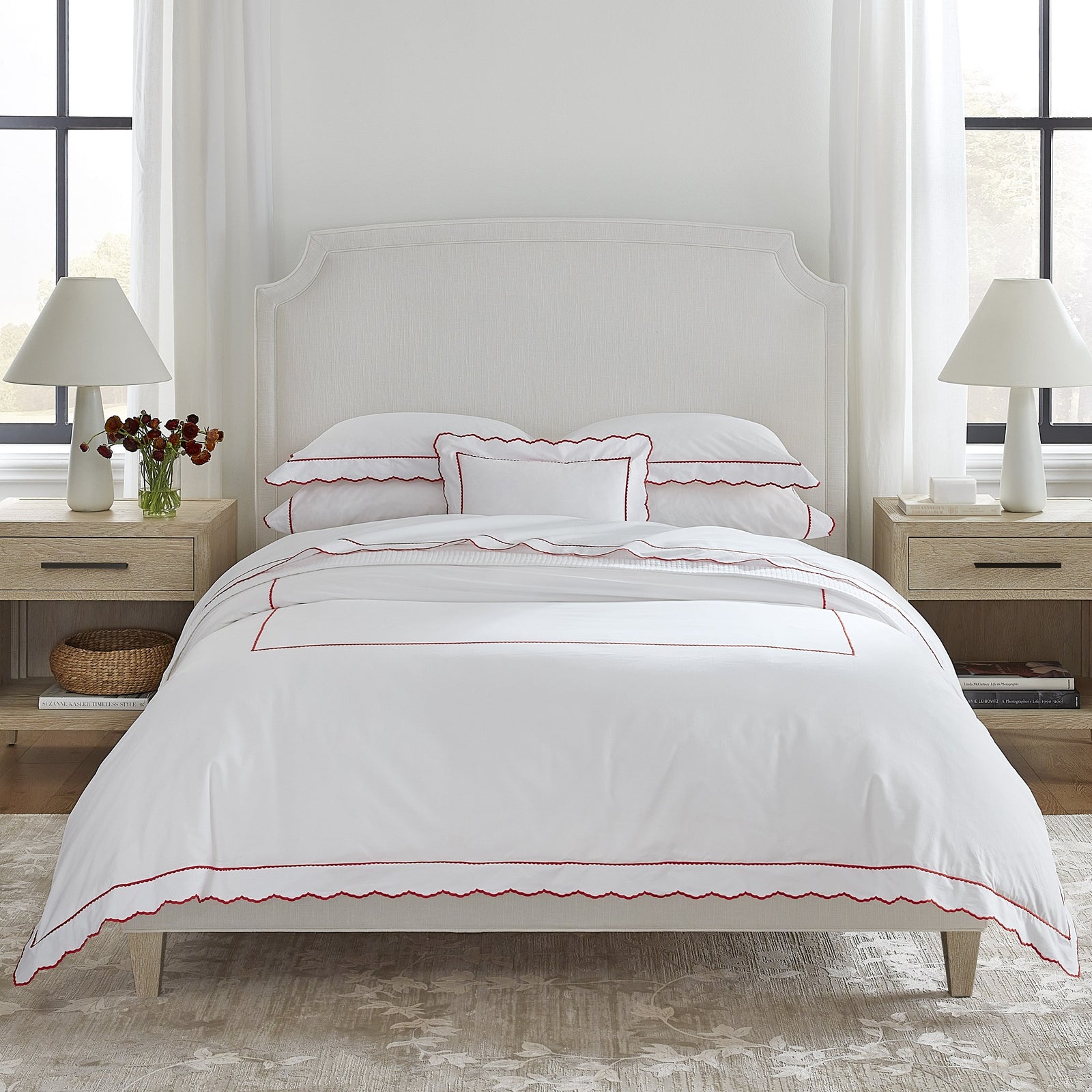 Full View of Sferra Pettine Bedding Collection White/Crimson