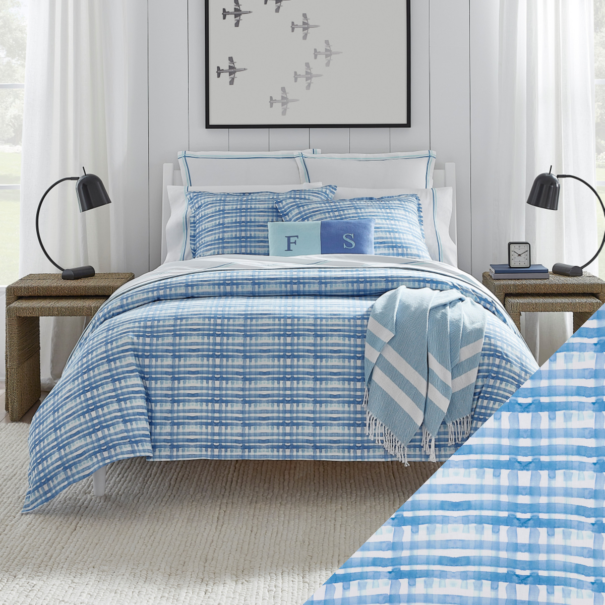 Full Lifestyle Image of Sferra Plaidino Bedding with Swatch of Clearwater