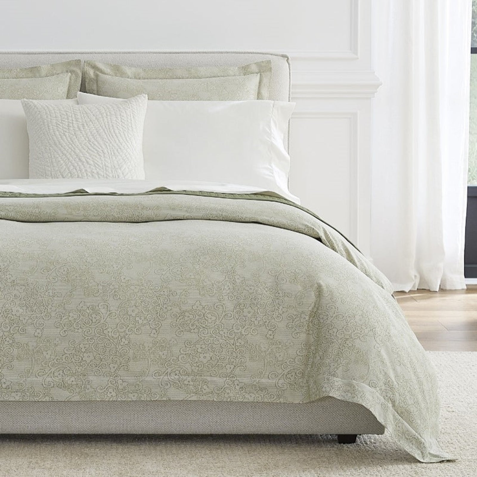 Bed Dressed in Sferra Rialto Bedding in Willow Color