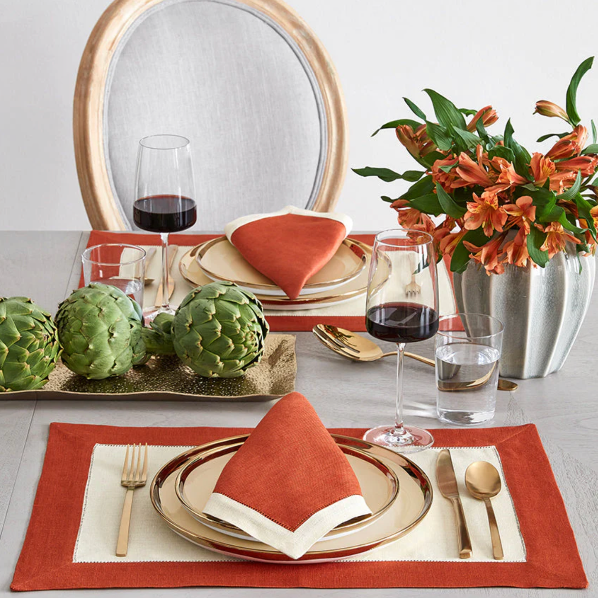 Sferra Roma Table Linens in Paprika/Stone