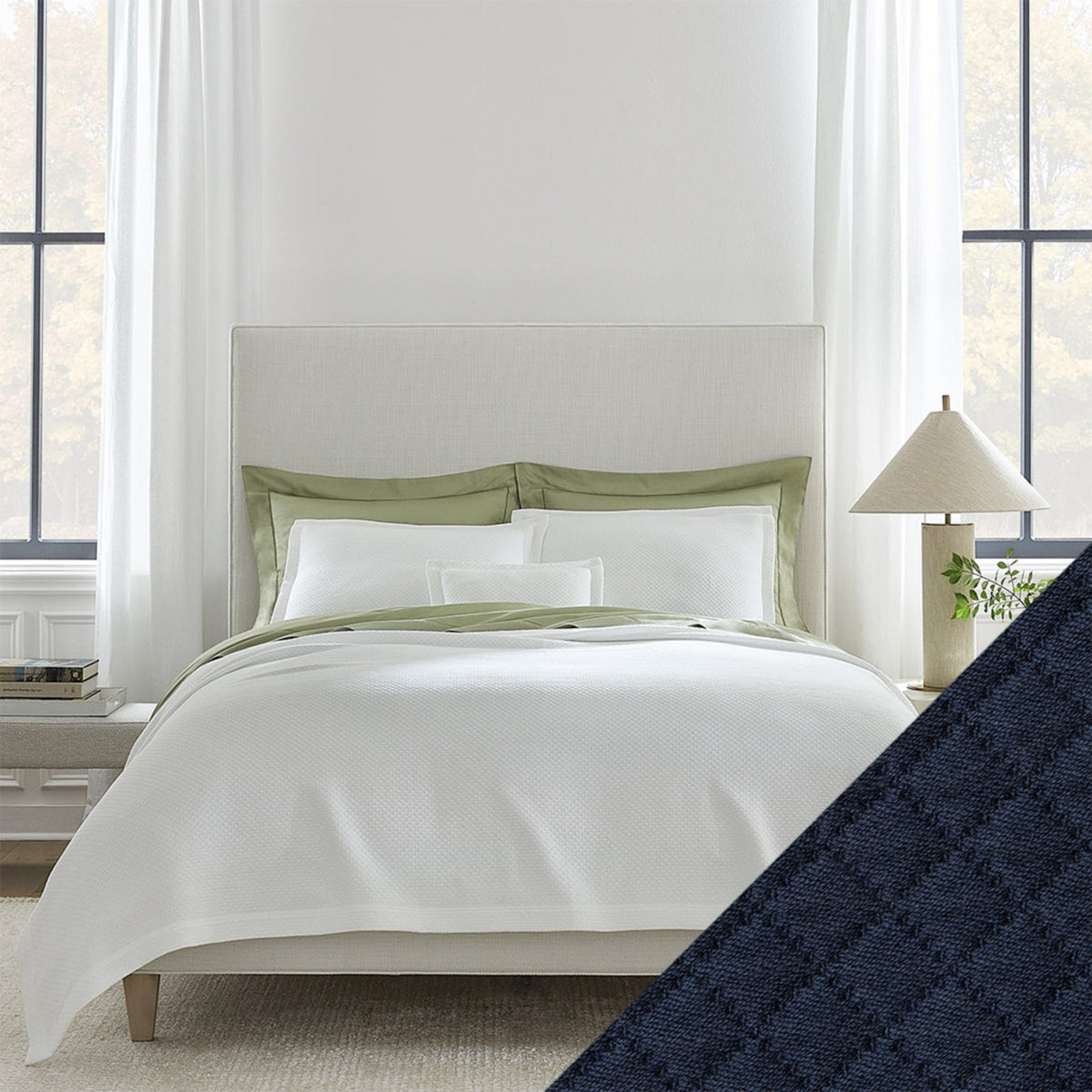 Full View of Sferra Rombo Bedding with Swatch Navy