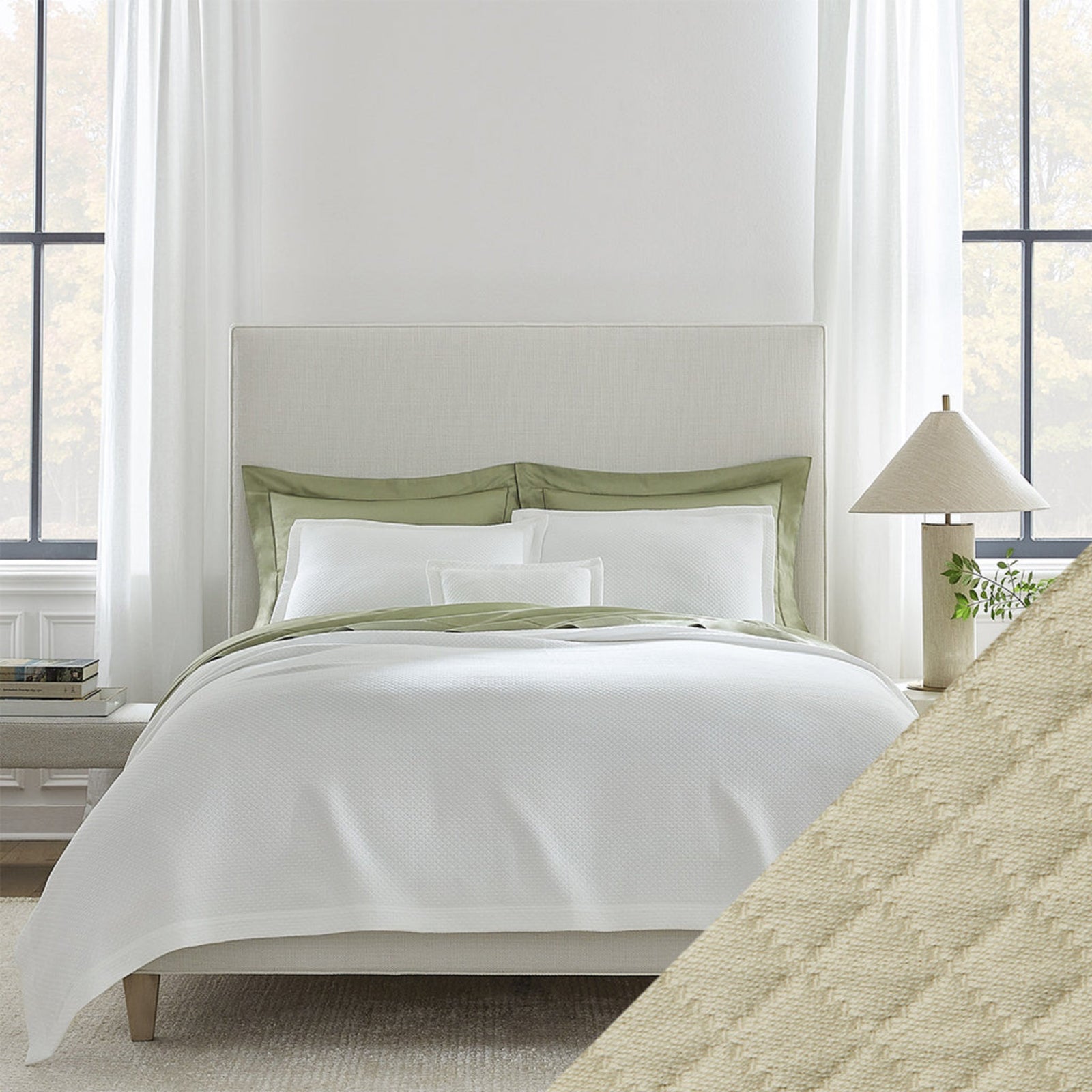 Full View of Sferra Rombo Bedding with Swatch Sand