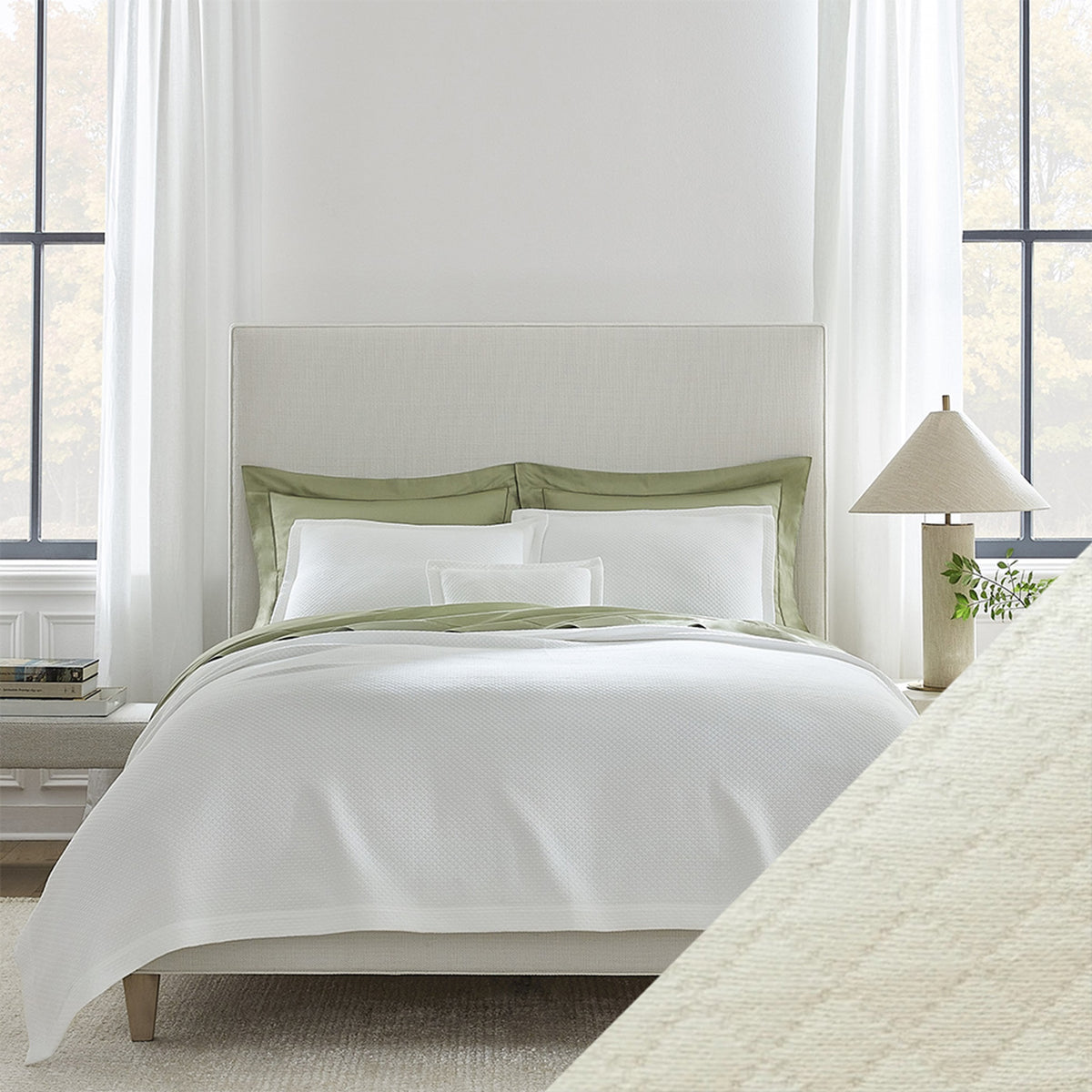 Full View of Sferra Rombo Bedding with Swatch Oyster Color