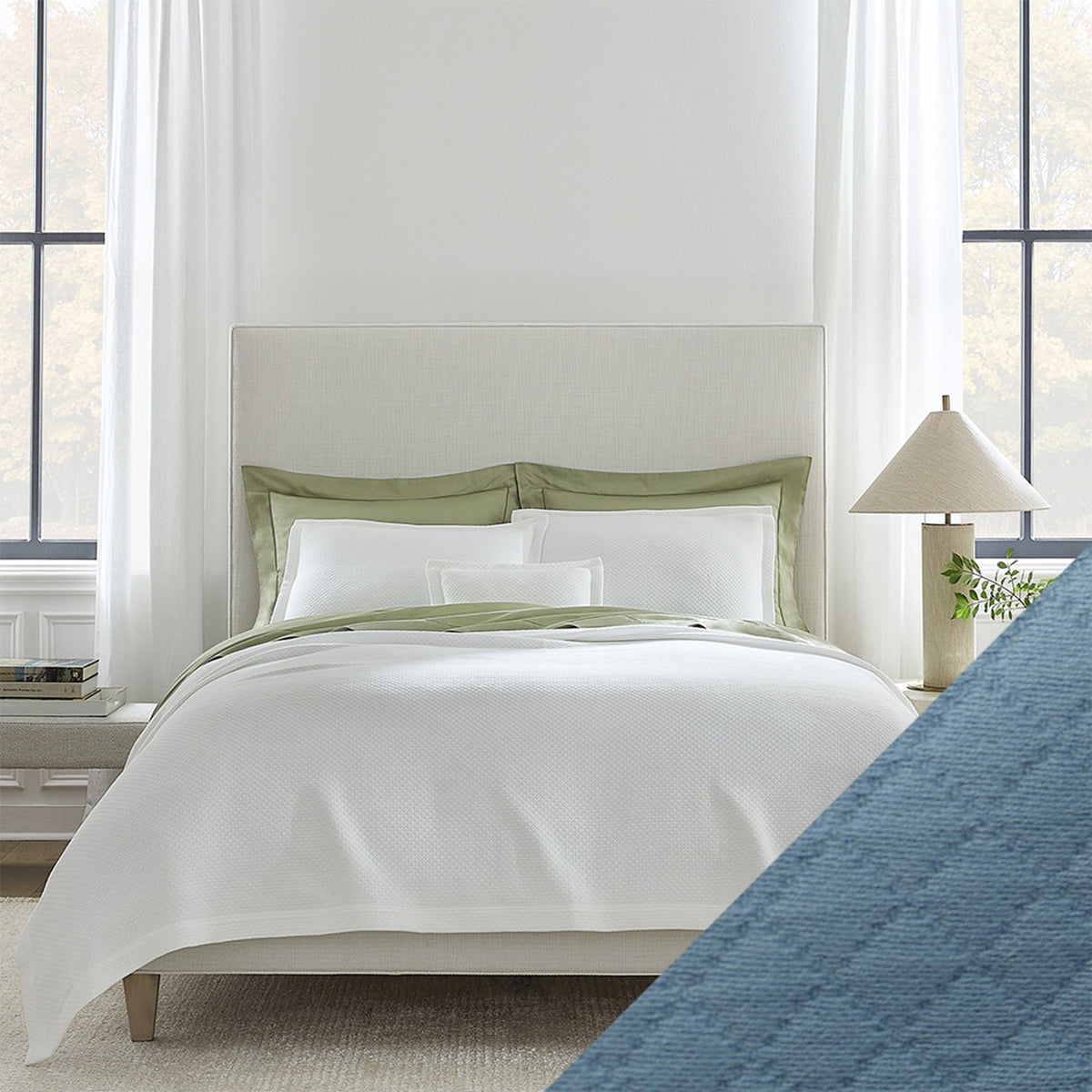 Full View of Sferra Rombo Bedding with Swatch Sea Color