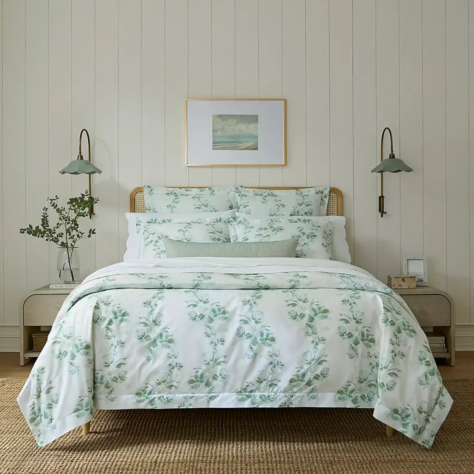 Bed in Poolside color Sferra Rosa Duvet Cover and Shams