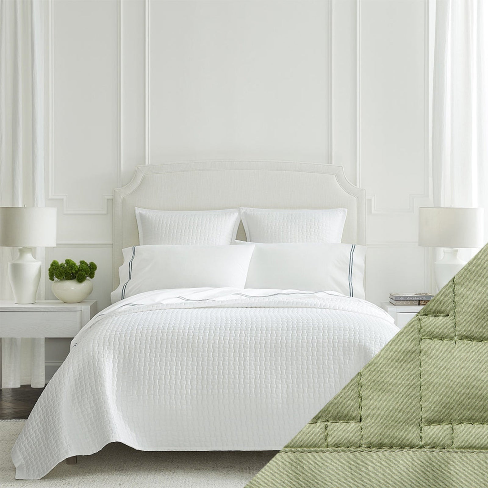 Full View of Sferra Sampietrini Bedding with Willow Swatch Sample