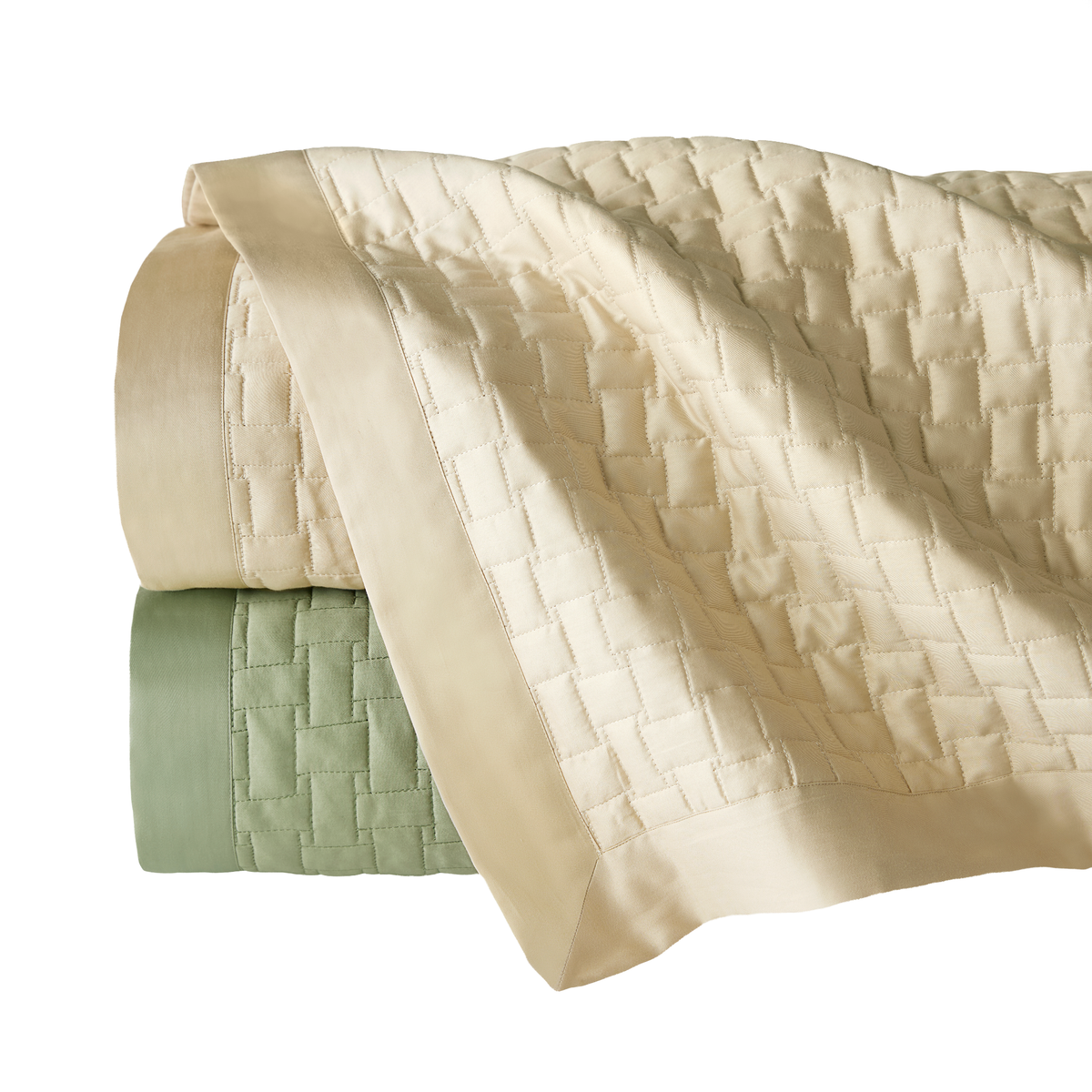 Folded Sferra Sampietrini Quilts in Willow and Sand Color