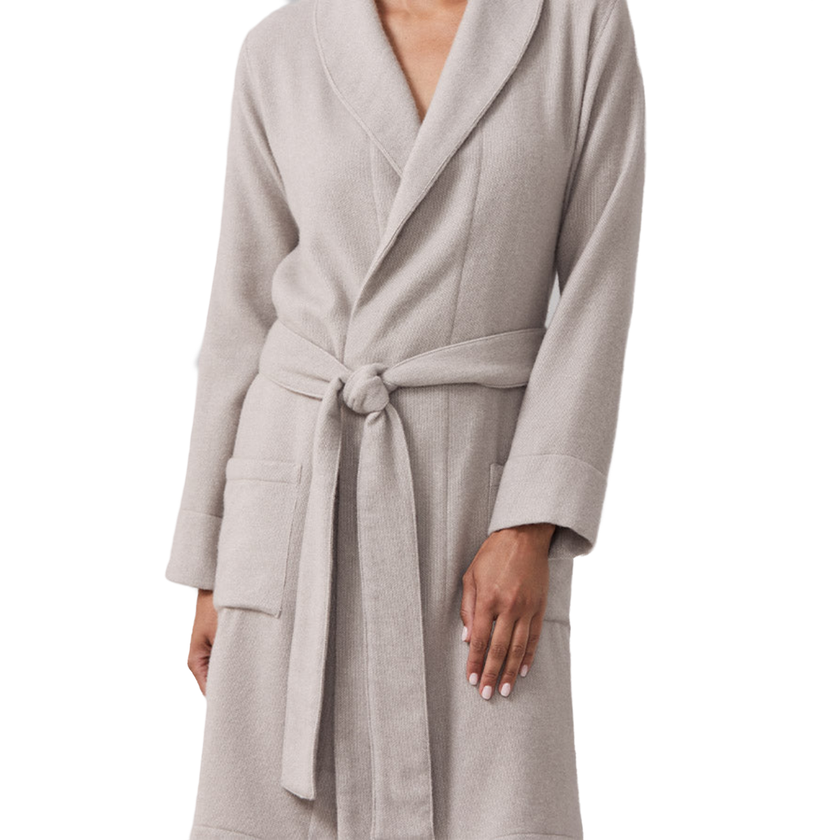 Front View of Model Wearing of Sferra Sardinia’s Cashmere Robes in Grey Color