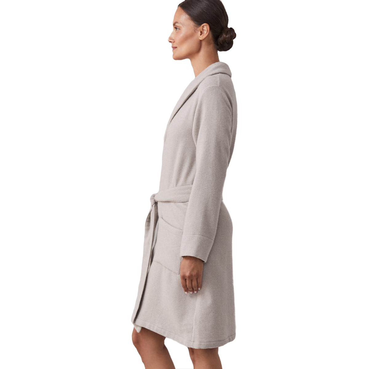 Side View of Model Wearing of Sferra Sardinia’s Cashmere Robes in Grey Color