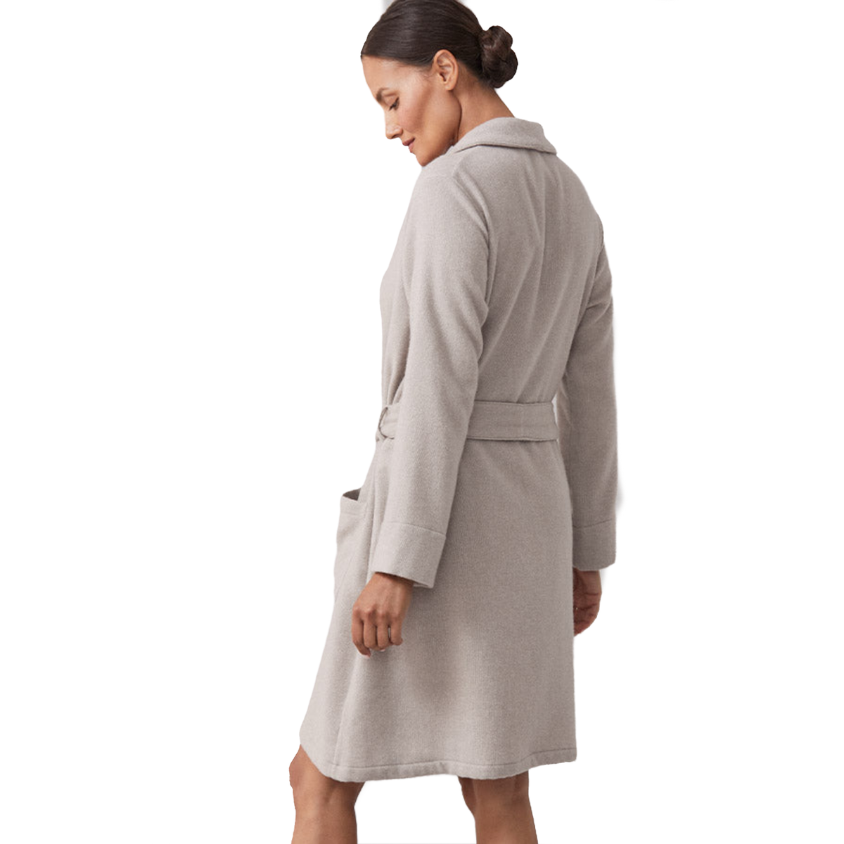 Rear View of Model Wearing of Sferra Sardinia’s Cashmere Robes in Grey Color