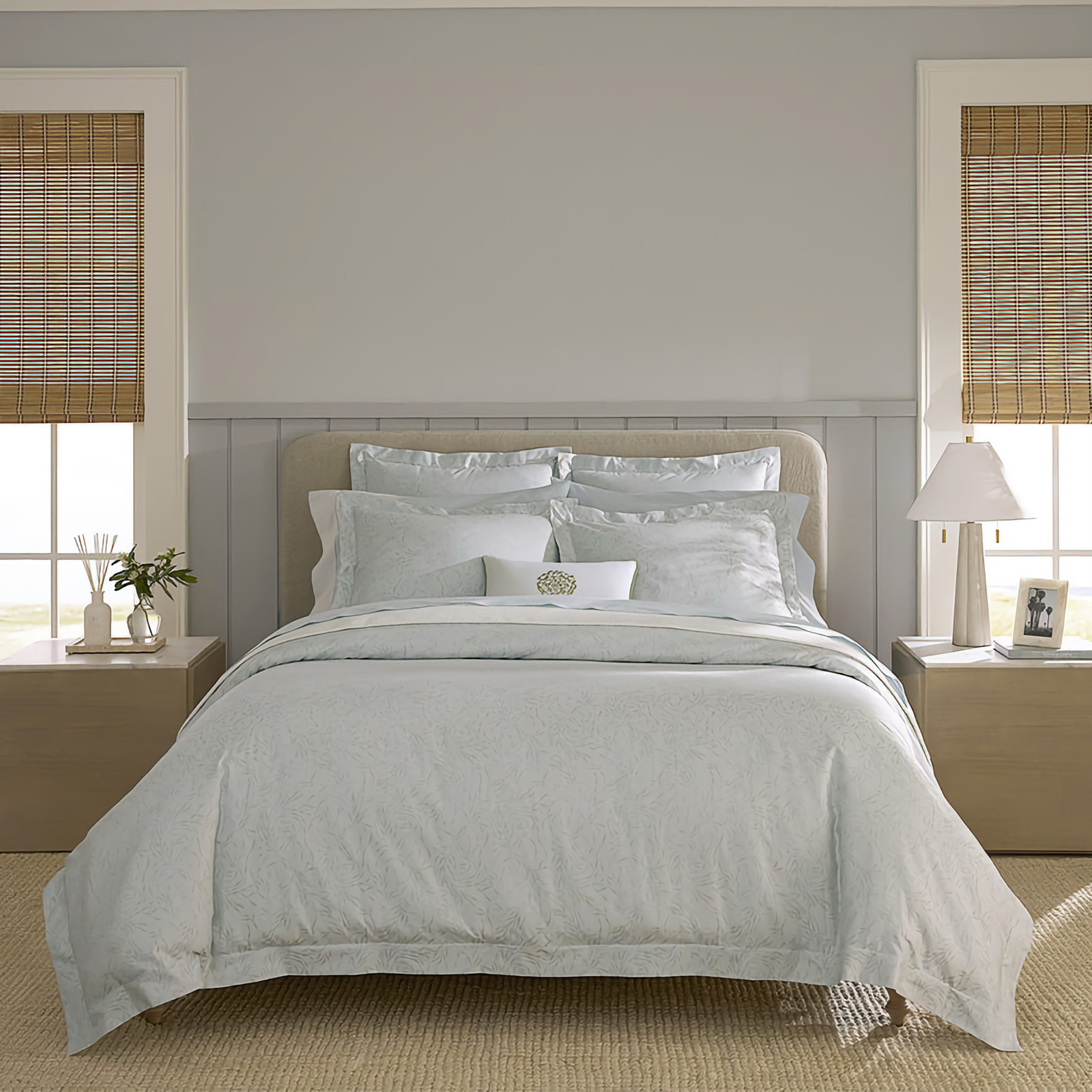 Bed in Sferra Selini Duvet Cover and Shams in Silver Sage