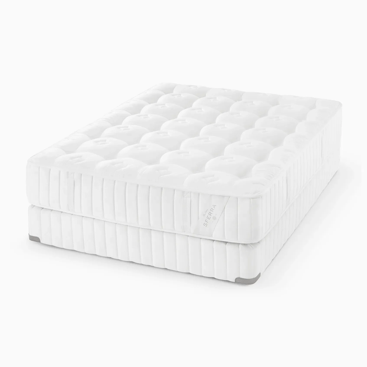 White, tufted Luxury Sferra Sonno Notte CV Luxury Firm Mattress and box spring set with vertical side stitching, on a plain white background.