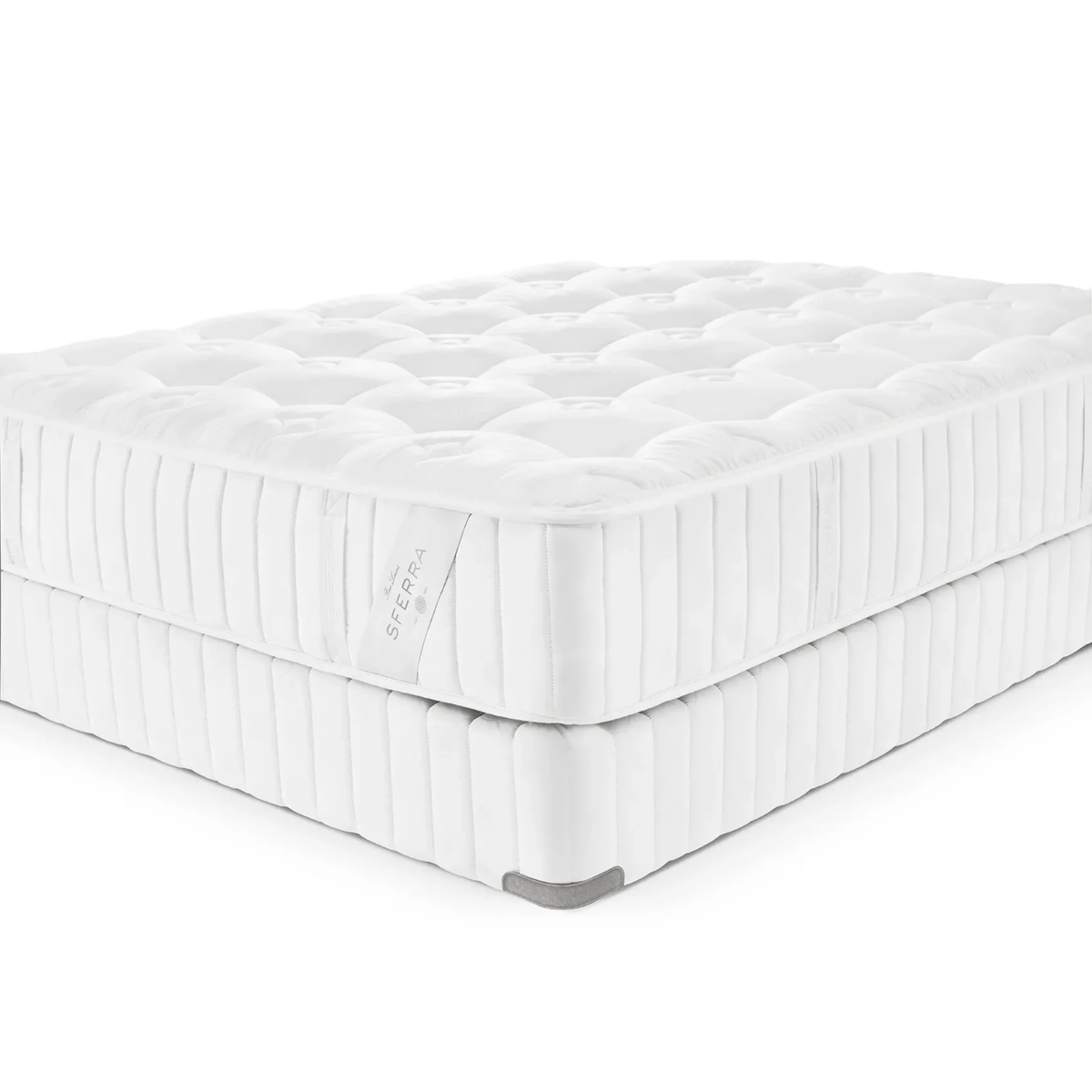 White, plush Sferra Sonno Notte CV Luxury Firm Mattress with quilted top, matching box spring, and vertical stitching—comfort meets elegance.