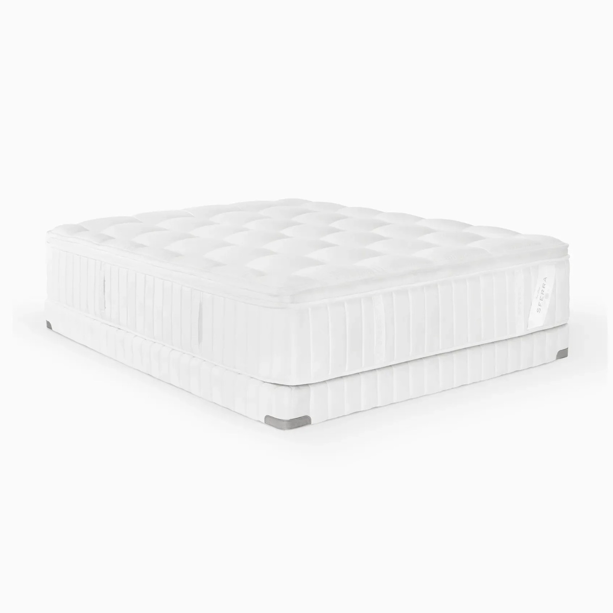 A white, rectangular luxury Sferra Sonno Notte CV Pillowtop Mattress sits on a matching box spring with vertical stitching and smooth corners.