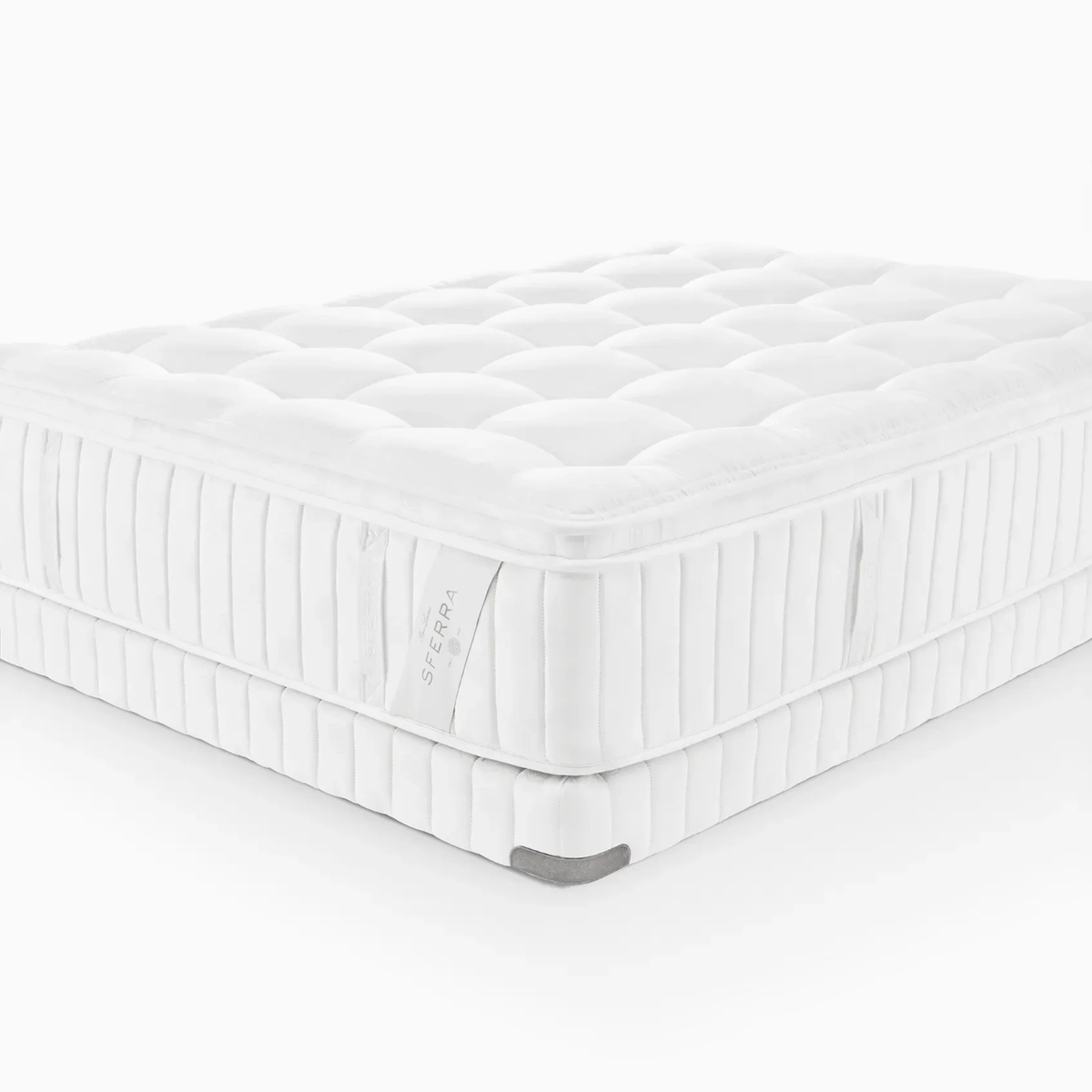 White luxury Sferra Sonno Notte CV Pillowtop Mattress with a quilted, tufted top and striped sides, shown on a plain white background.