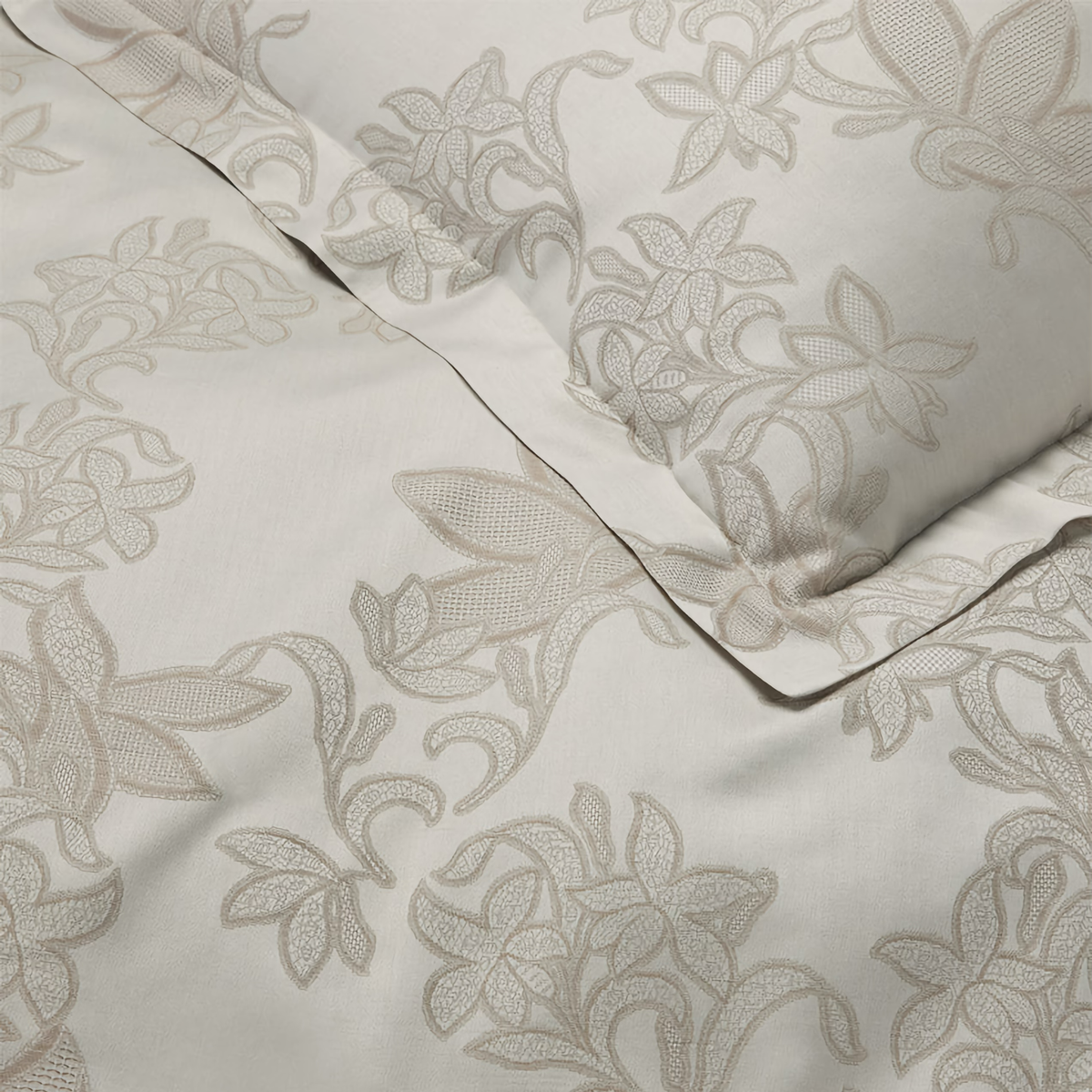 Finishing Detail of Sferra Tivoli Bedding in Color Taupe