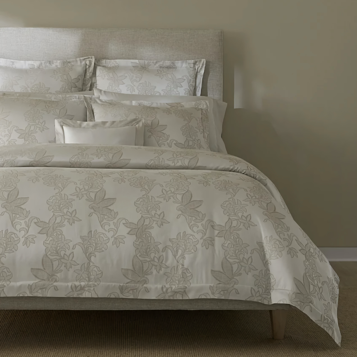 Front Corner View of Sferra Tivoli Bedding in Color Taupe