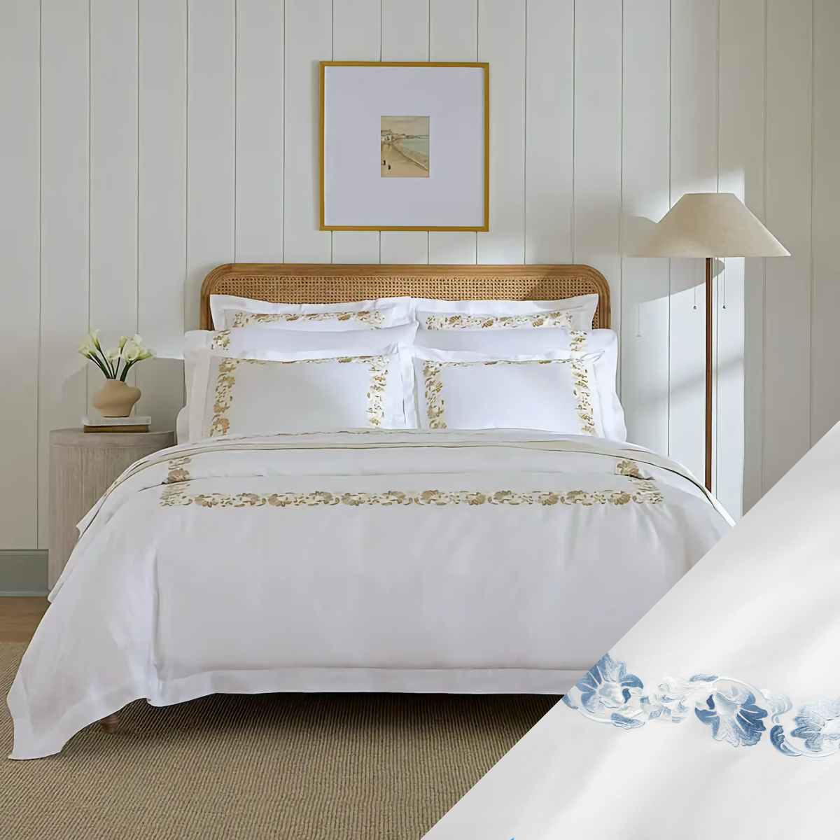 Bed in White and Sea Sferra Tralcio Bedding with White and Sea swatch