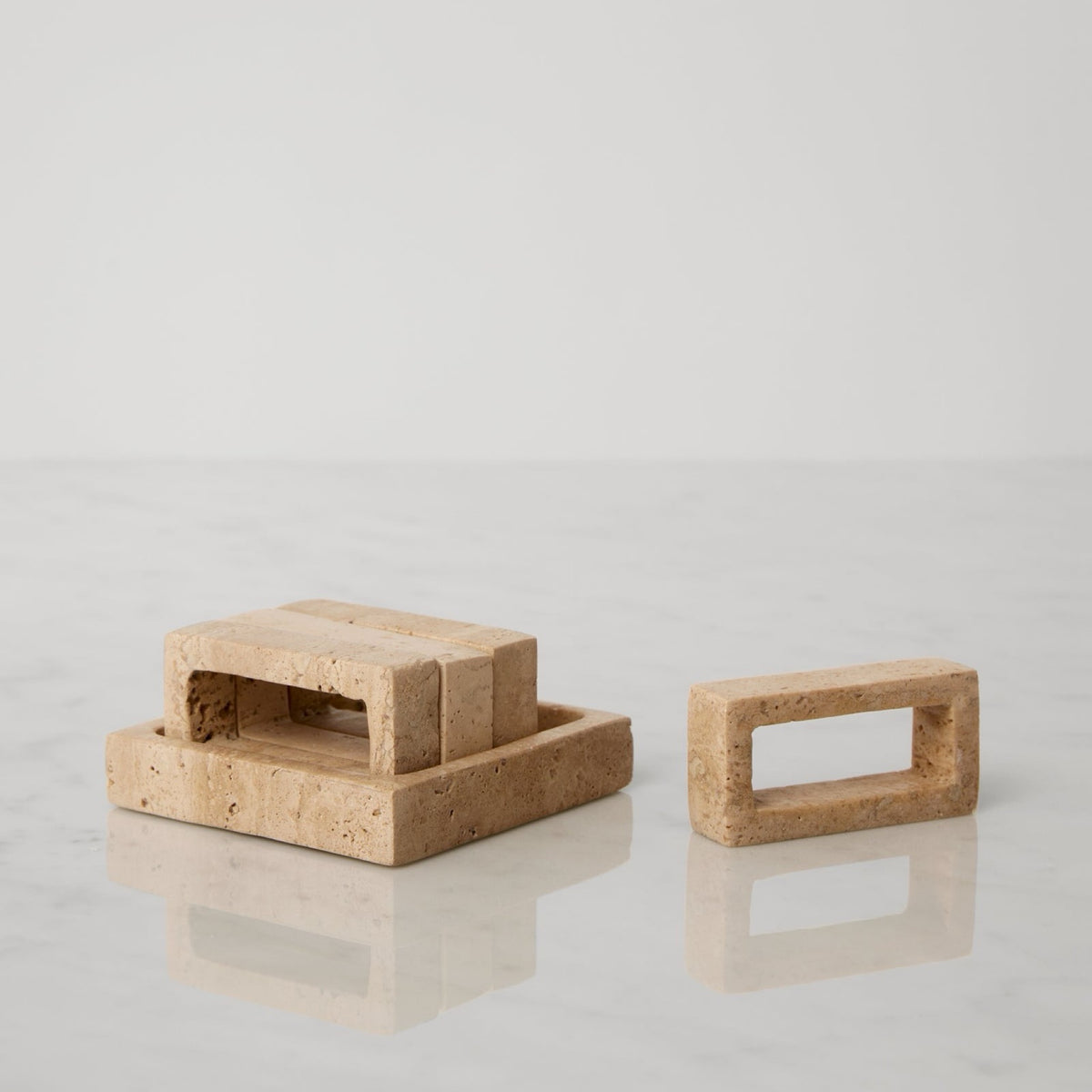 Sferra Travertino Stone Napkin Rings in Beige with storage tray