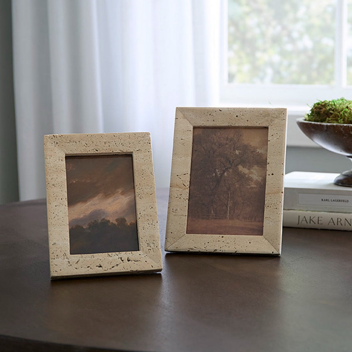 2 Sferra Travertino Stone Photo Frame in Beige near a window