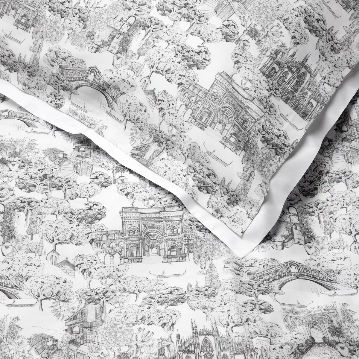 Detailed View of White and Black Sferra Viaterra Duvet Cover and Shams