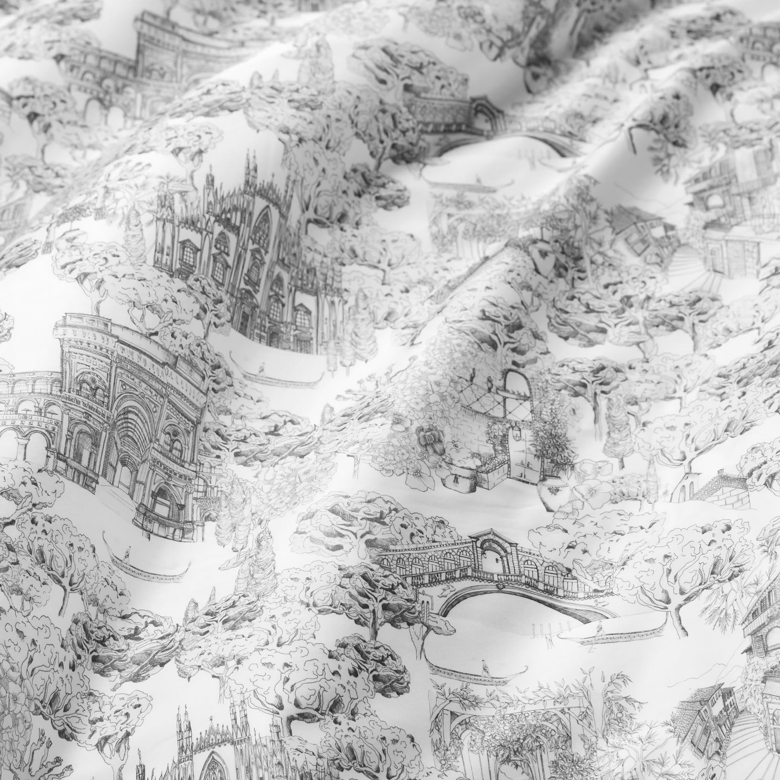 Bed in White and Black Sferra Viaterra Duvet Cover and Shams