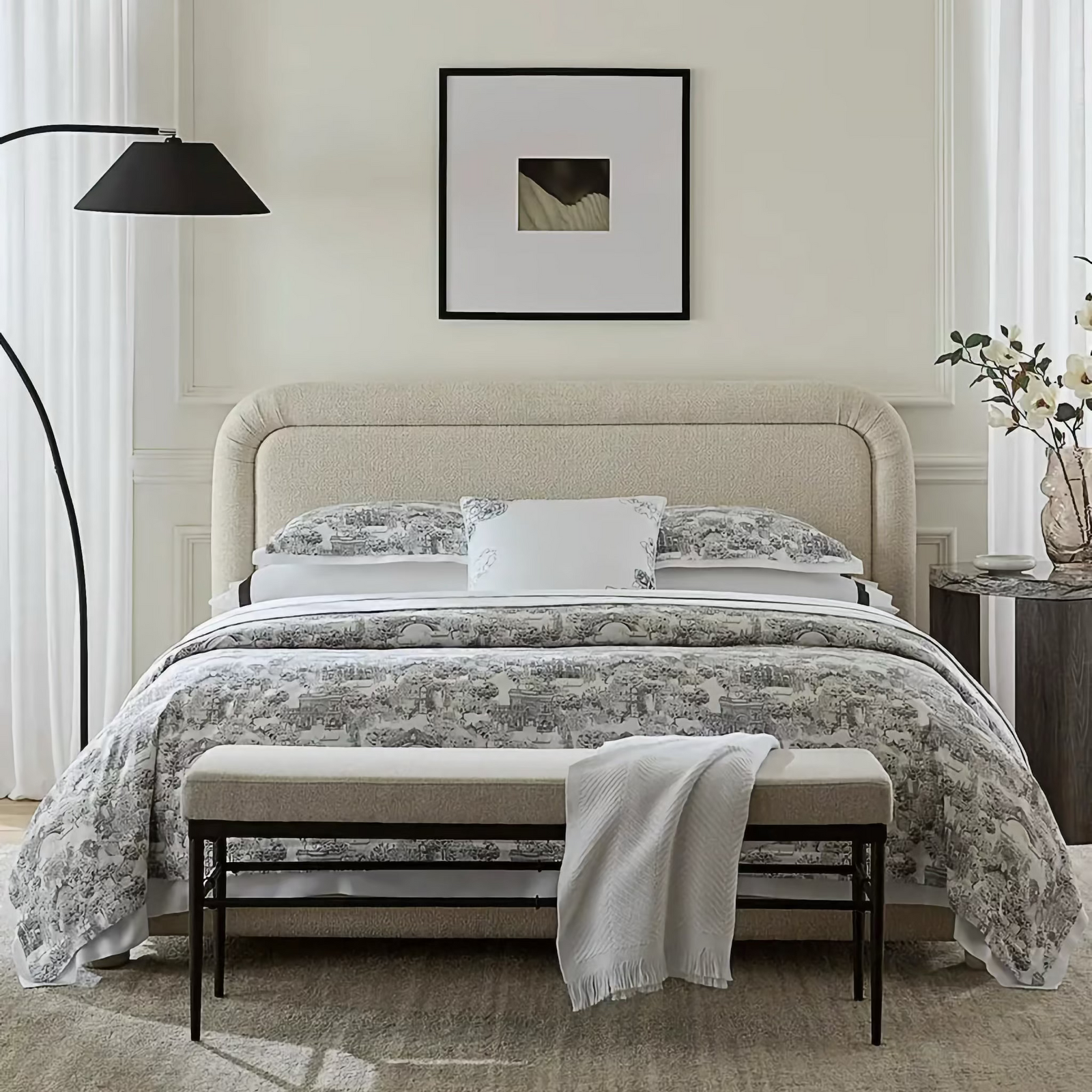 Bed in White and Black Sferra Viaterra Duvet Cover and Shams