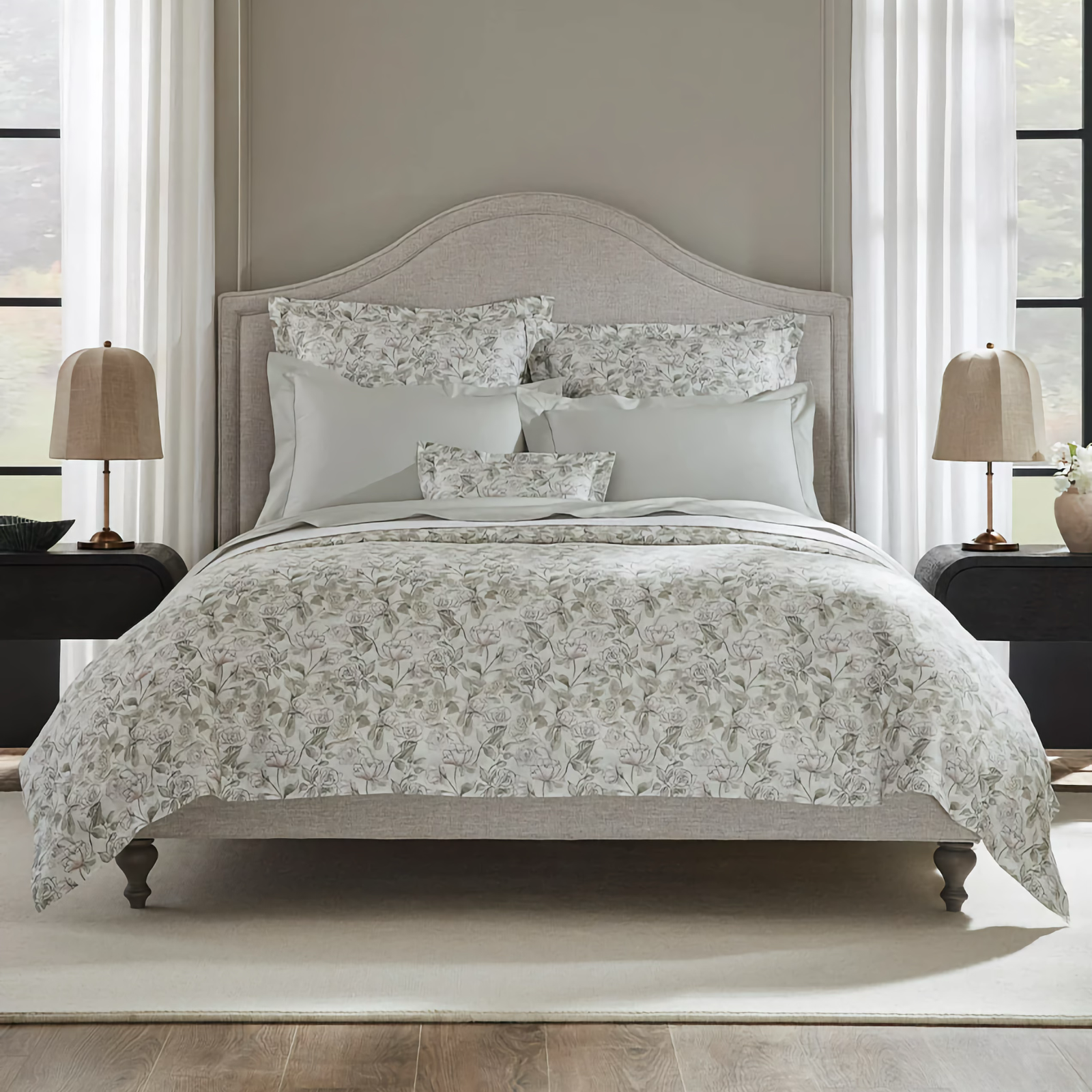 Full Bed Dressed in Sferra Victoria Bedding  in Color Willow