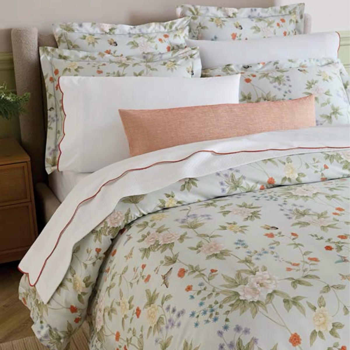Closeup of Sferra X Scalamandre Luoyang Garden Duvet Cover and Shams in Sky color