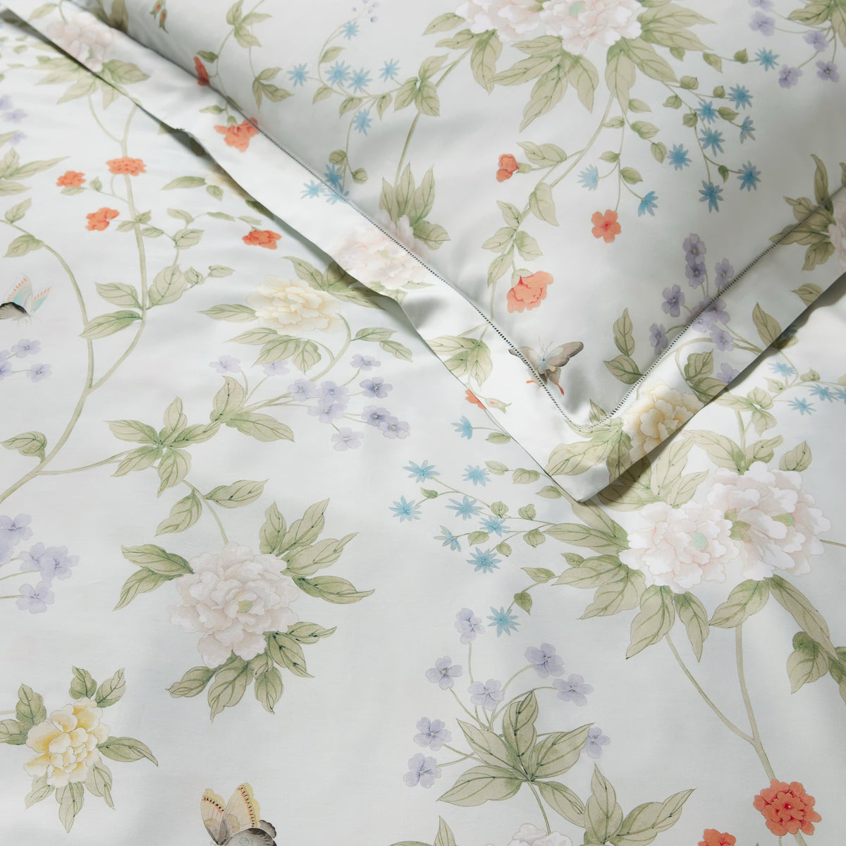 Detail view of Sferra X Scalamandre Luoyang Garden Duvet Cover and Shams in Sky color