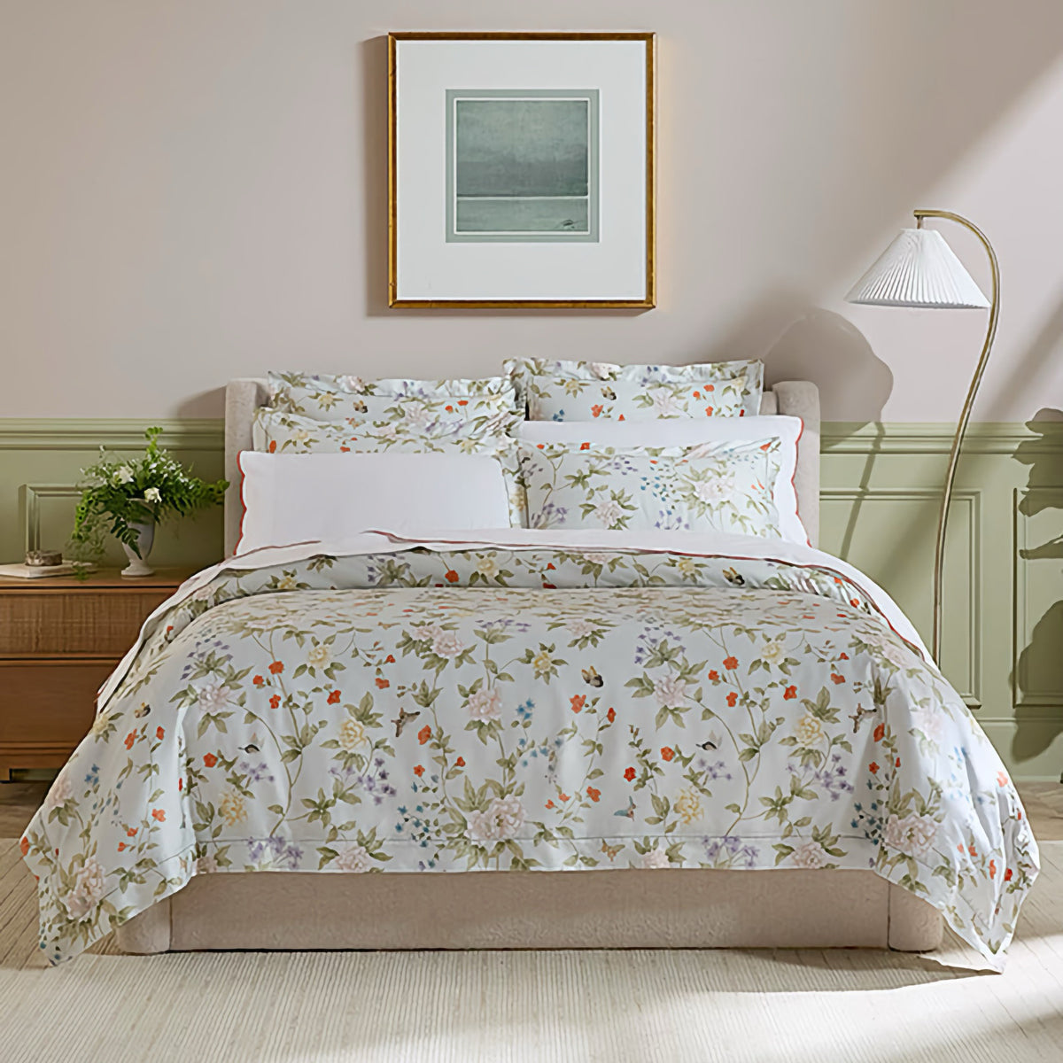 Luoyang Garden collection pairs well with Limana white/persimmon flat sheet, pillowcases and Grande Hotel white fitted sheet.  Rombo white coverlet, and Calasetta persimmon decorative pillow. 