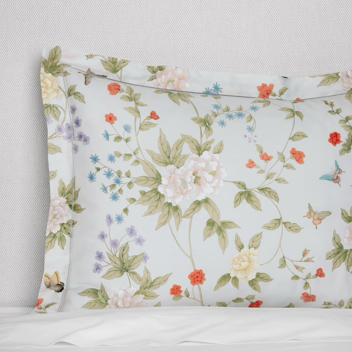 Closeup of Sferra X Scalamandre Luoyang Garden Sham in Sky color