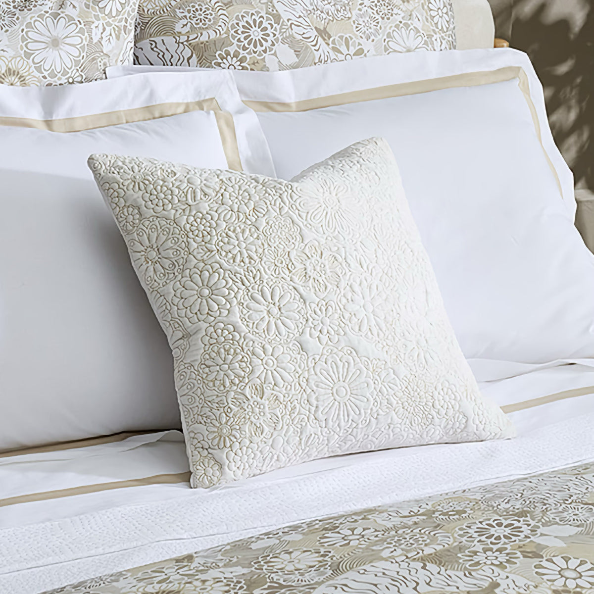 Sferra X Scalamandre Siberian Floral Decorative Pillow in White and Tawny with coordinate bedding