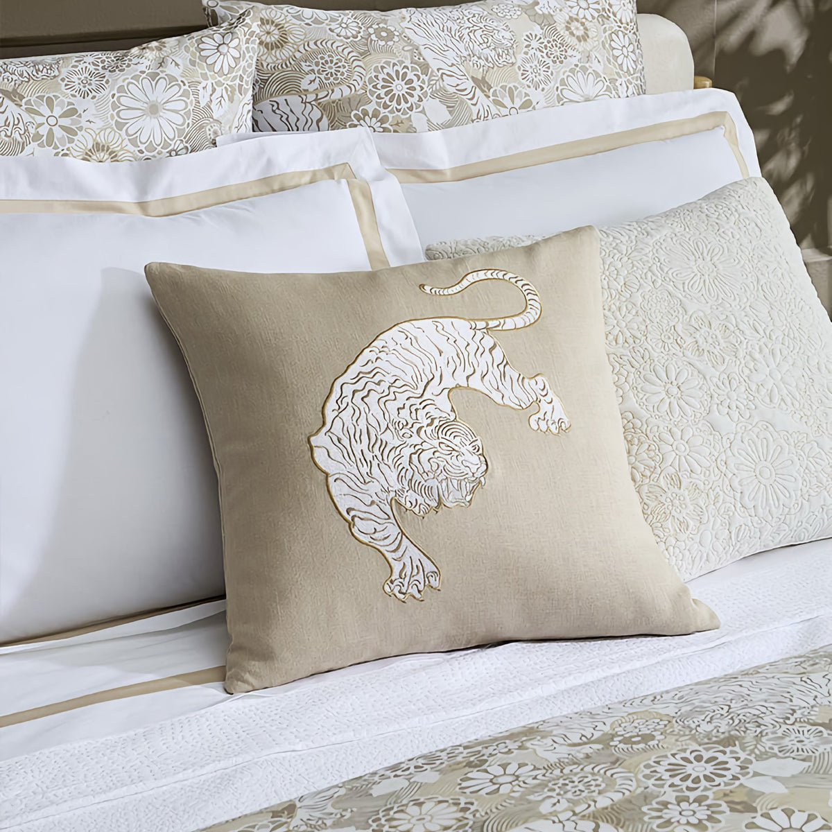 Sferra X Scalamandre Siberian Tiger Decorative Pillow in Natural with Coordinate Bedding