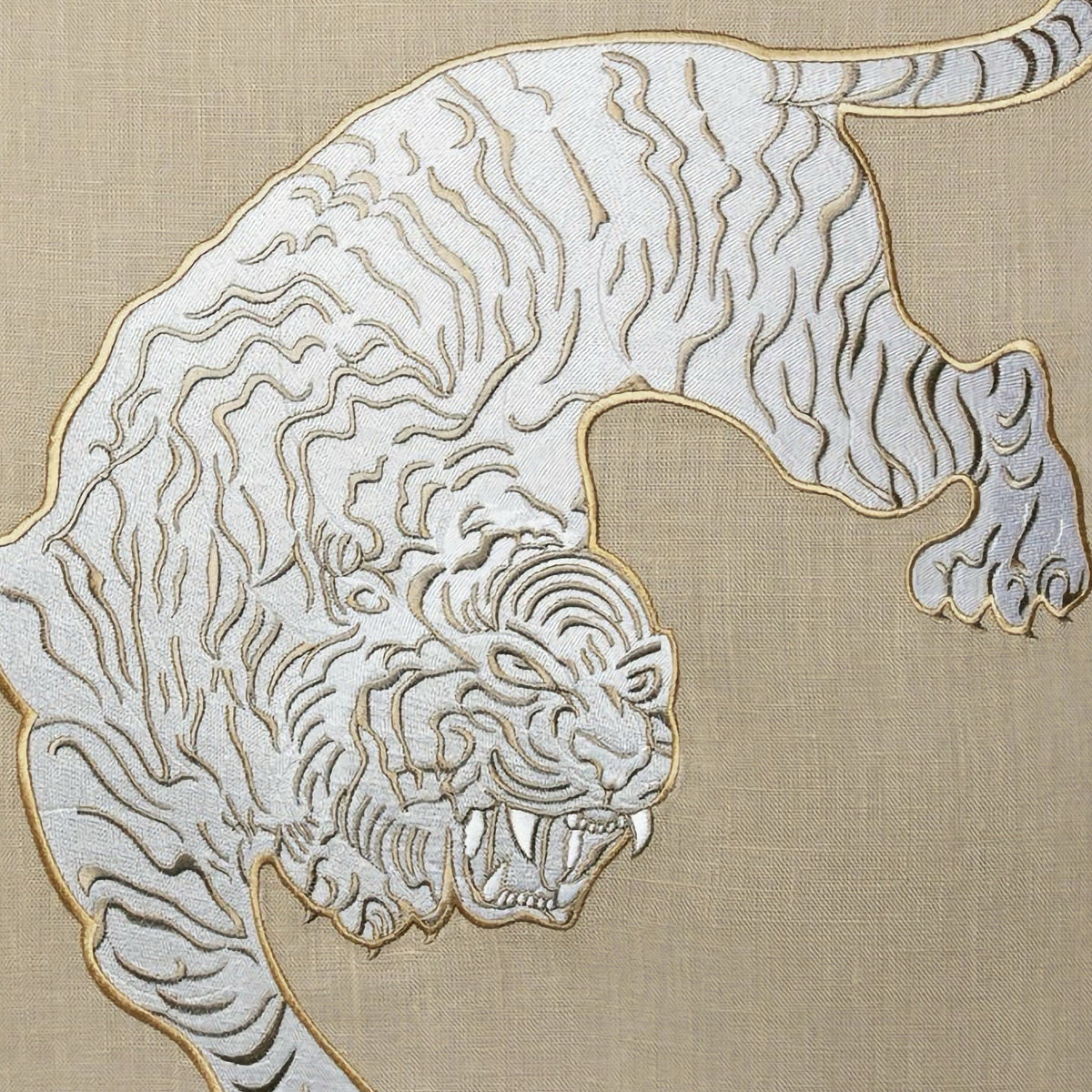 Embroidery of Sferra X Scalamandre Siberian Tiger Decorative Pillow in Natural