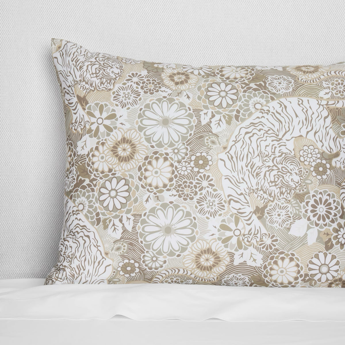 Sham Closeup of Sferra X Scalamandre Siberian Tiger Bedding in White and Tawny