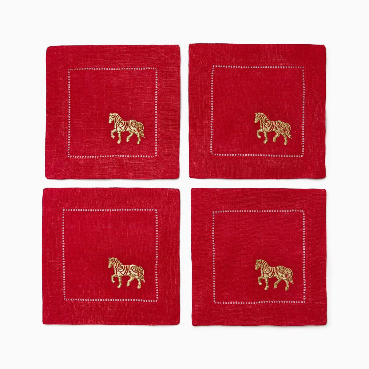 Pack of Four Sferra Year of the Horse Cocktail Napkins in Red and Gold